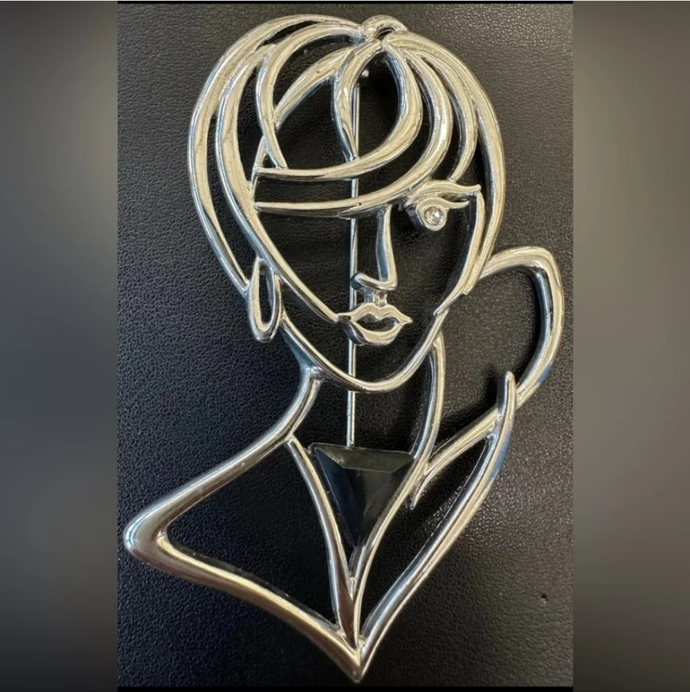 Vintage JJ Jonette Art Deco Abstract Woman Silhouette Silver Tone Brooch Pin